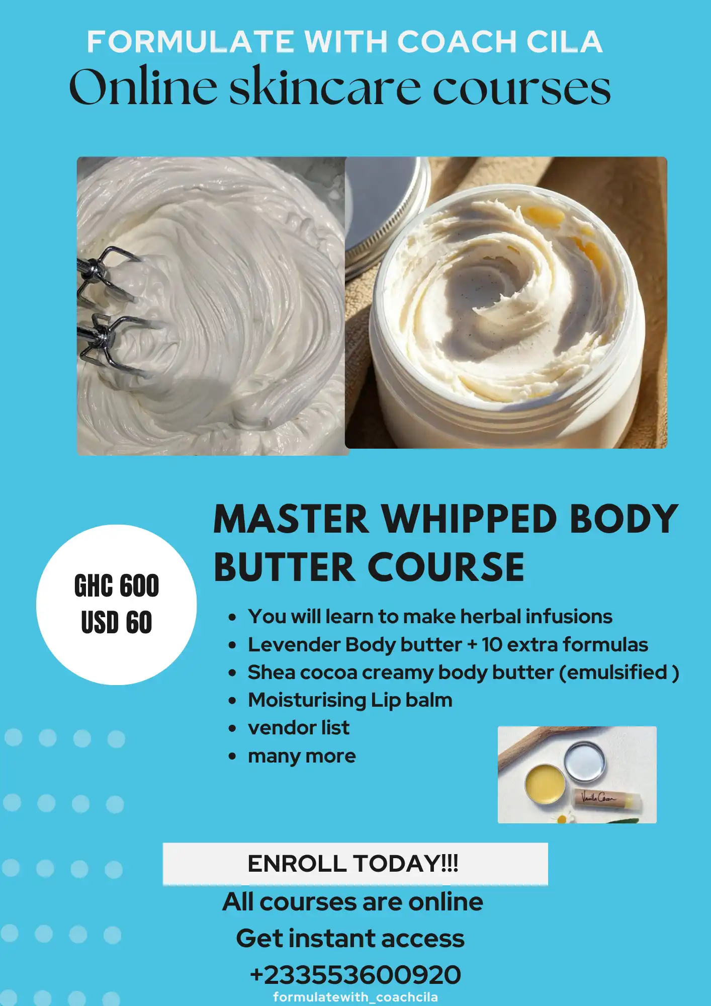 Master whipped body butter course image by Formulate with Coach Cila