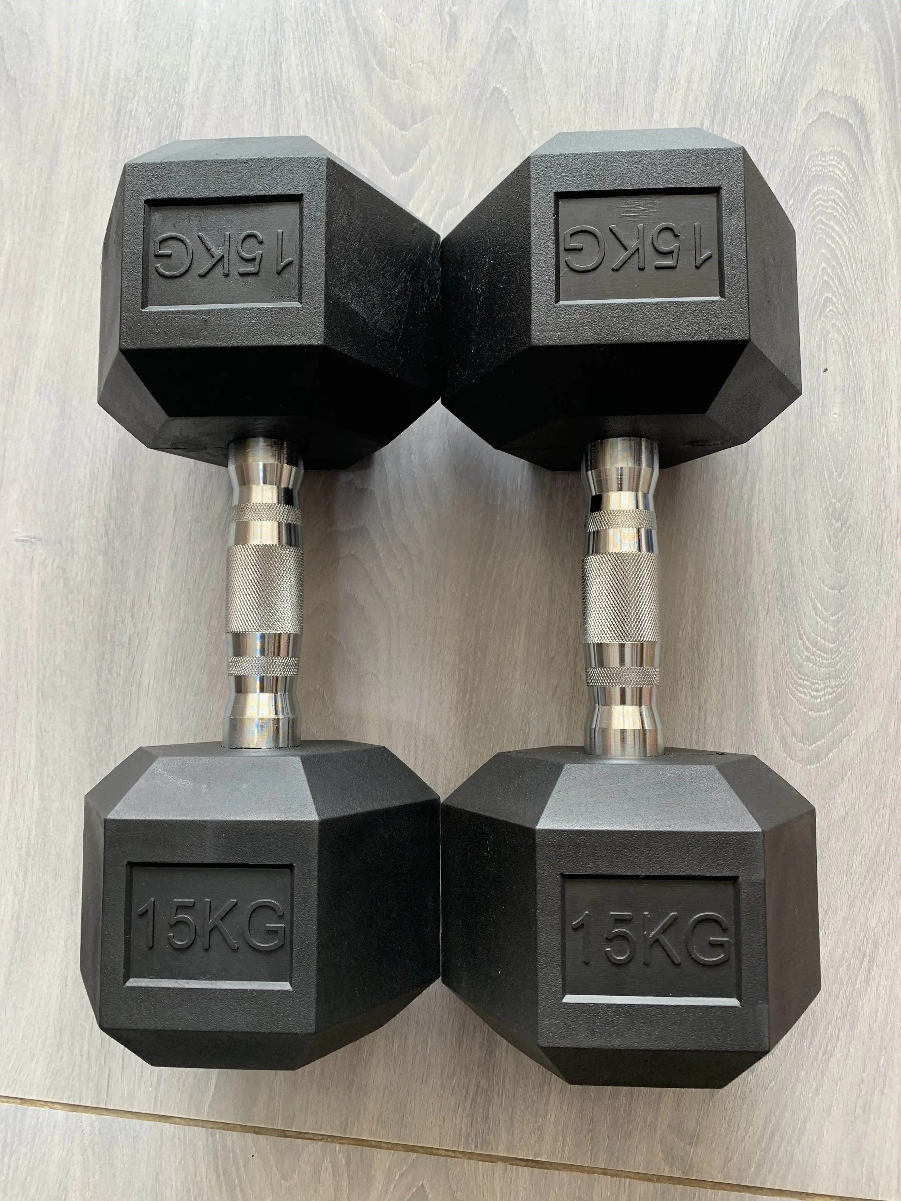 15Kg Hexagonal Rubber Coated Cast Iron Dumbbells - Pair image by Muscly Fitness Shop