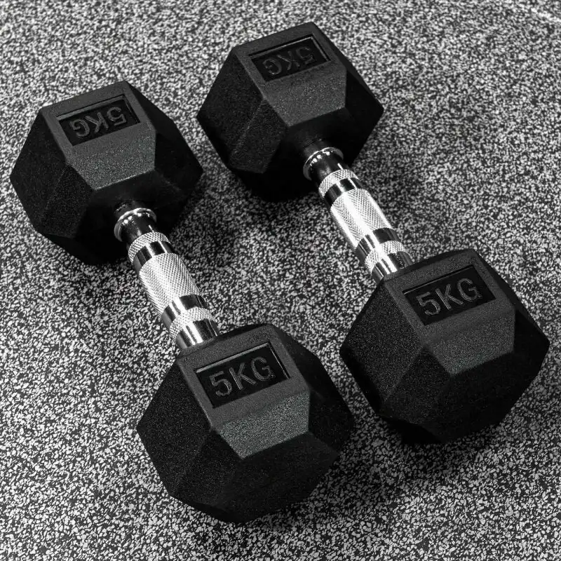 5kg Hexagonal Rubber Coated Cast Iron Dumbbells image by Muscly Fitness Shop