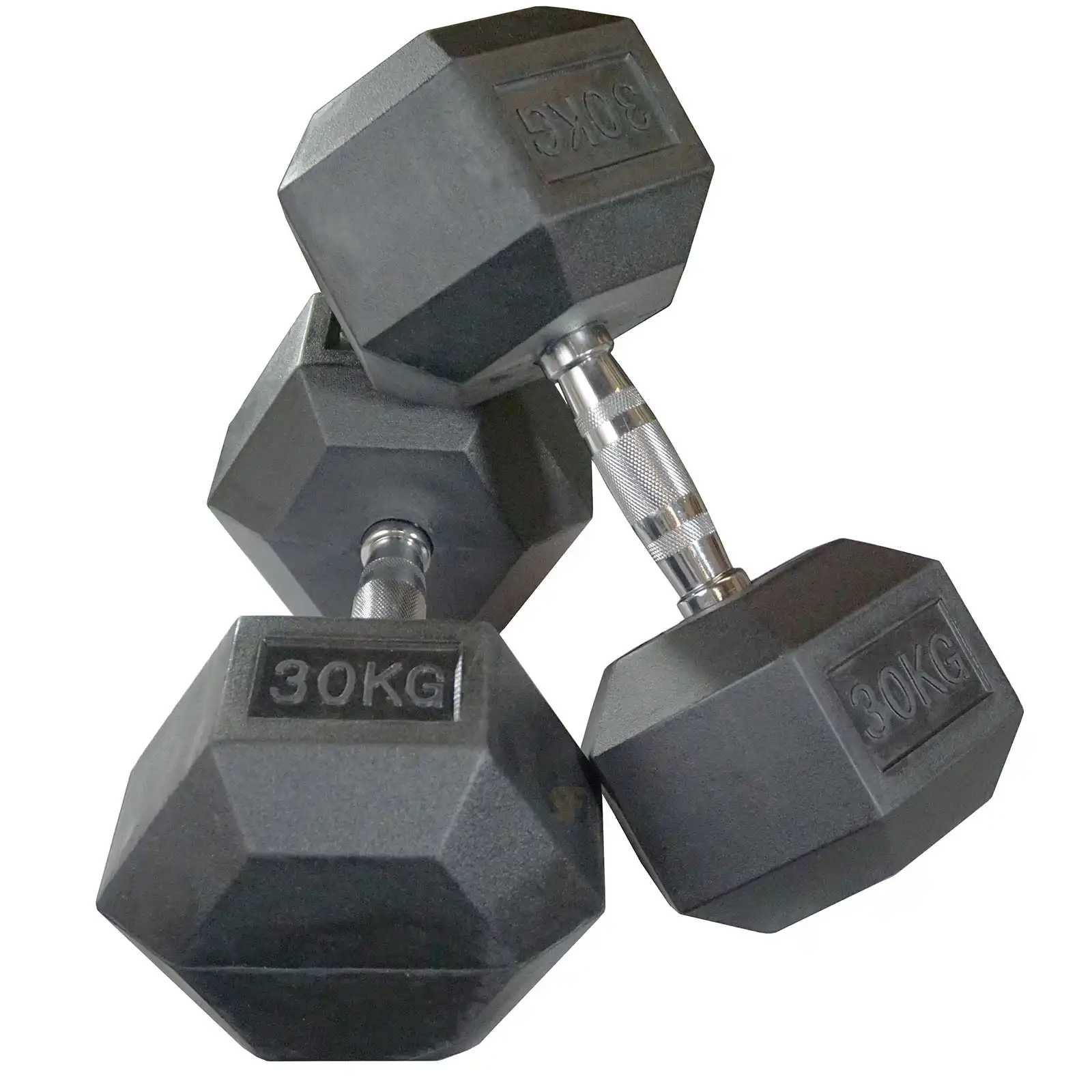 30kg Hexagonal Rubber Coated Cast Iron Dumbells image by Muscly Fitness Shop