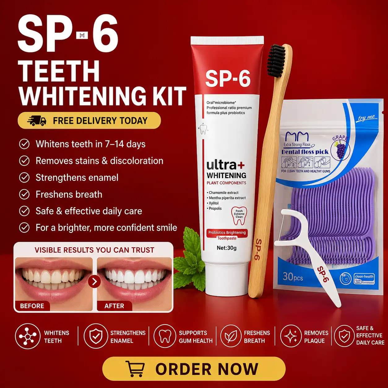 3-IN-1 TEETH WHITENING KIT (SP6 WHITENING TOOTHPASTE + BAMBOO TOOTHBRUSH + FREE FLOSSER PACK) image by Jays Teeth Whitening Kit