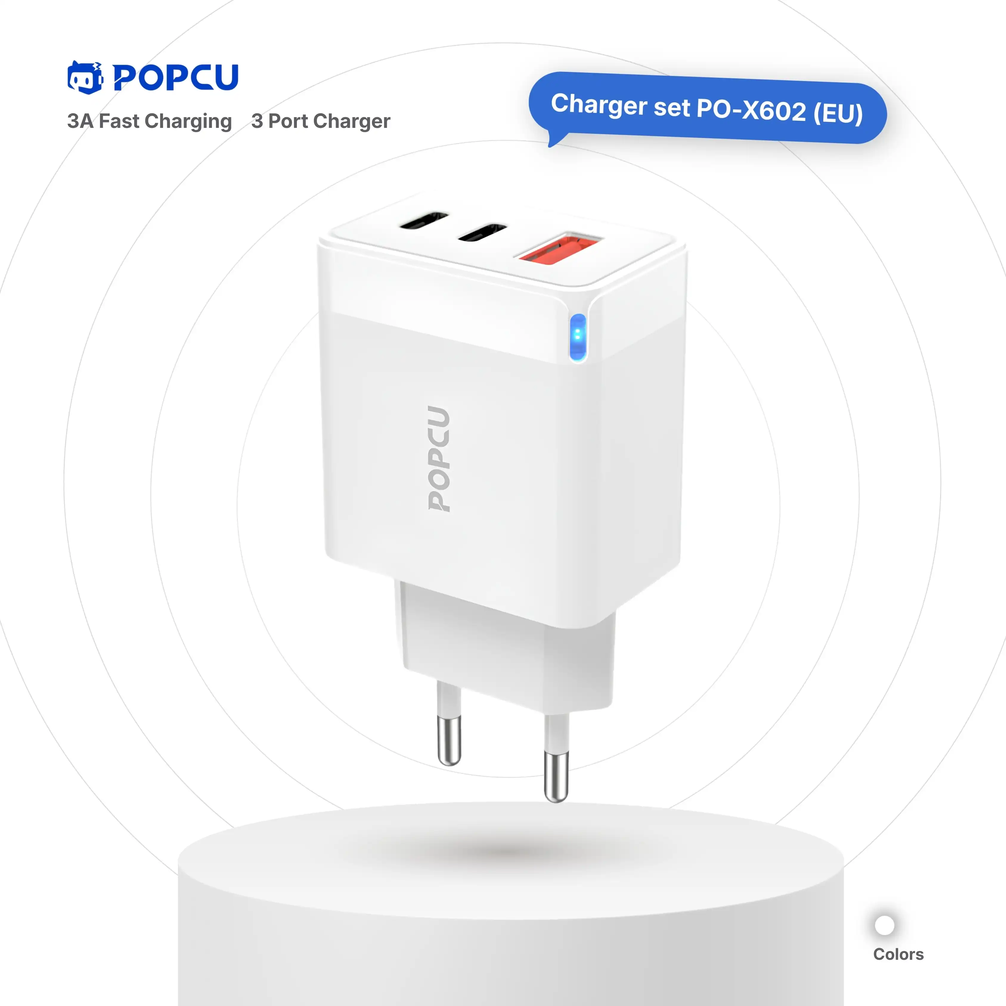 POPCU 3A Three-port LED Glow Super Travel EU-pins Charger Brick (with 60W Cable) Set image by POPCU GHANA