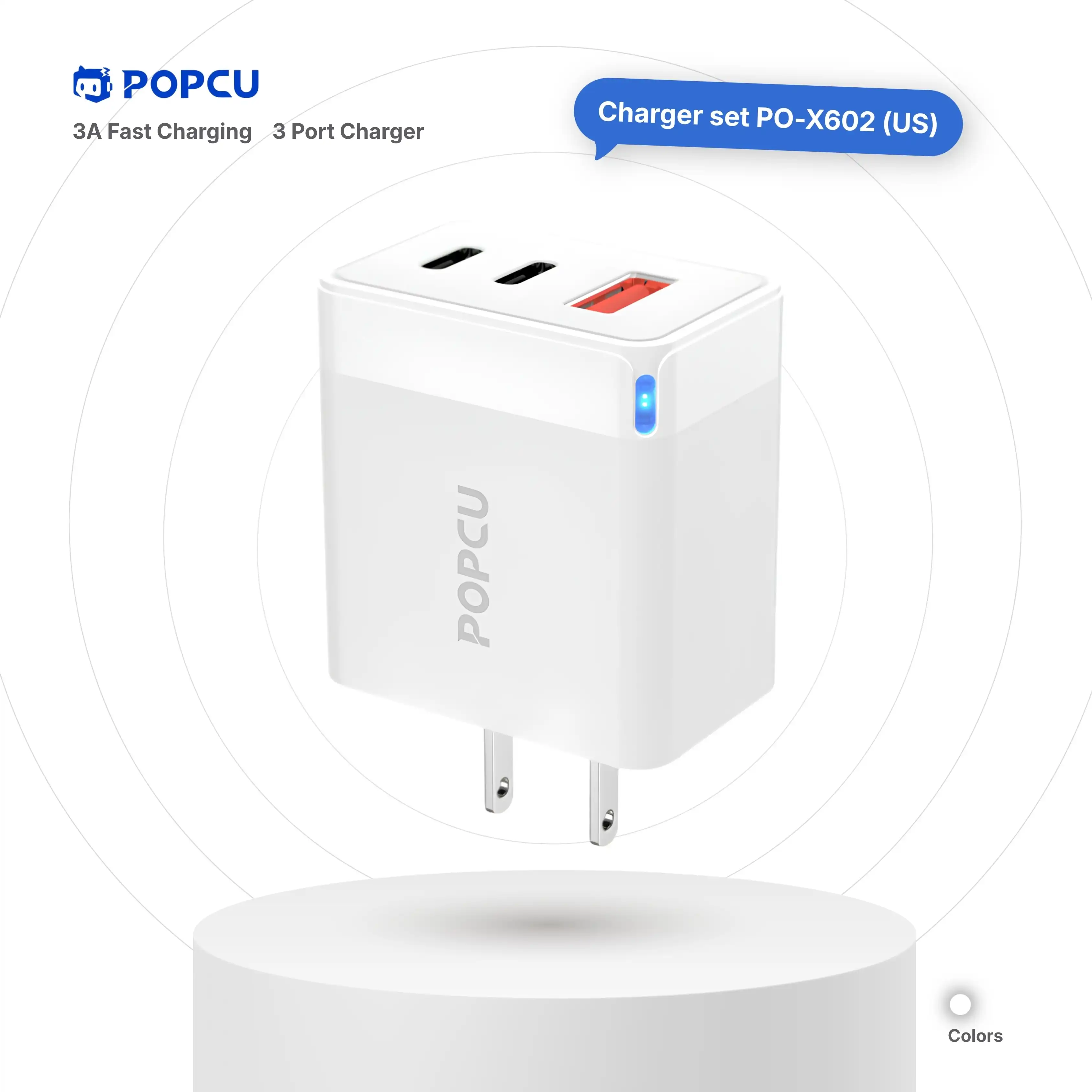 POPCU 3A Three-port LED Glow Super Travel Charger Brick (with 60W Cable) Set image by POPCU GHANA