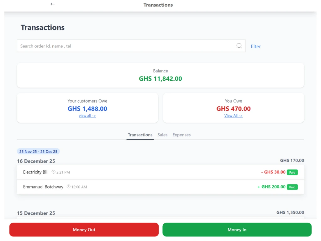 Lave sales, debt and expense tracking interface
